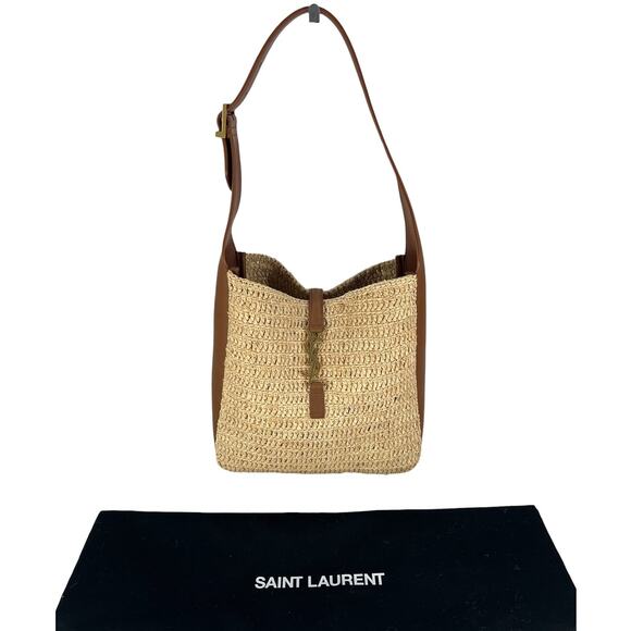 Saint Laurent Le 5 À 7 Supple Small Raffia Shoulder Bag YSL Logo - Picture 2 of 16